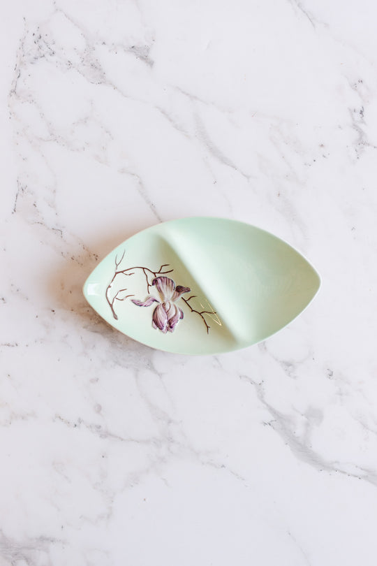 midcentury carltonware handpainted divided oval dish with matching spoon and knife