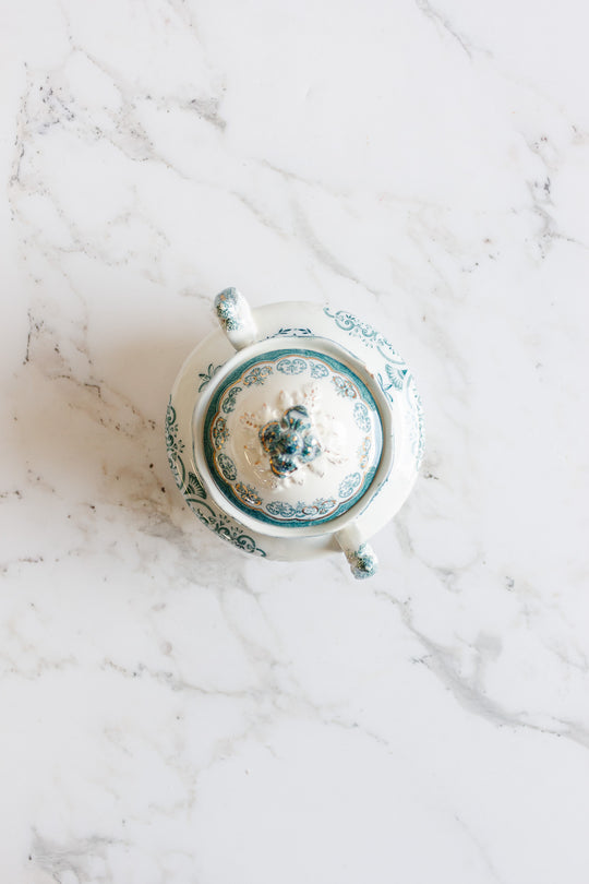 rare johnson brothers aqua regent creamer, sugar bowl, and covered dish set