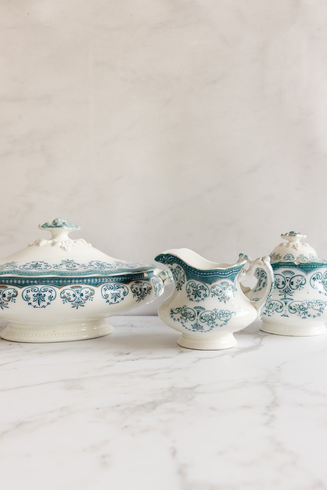 rare johnson brothers aqua regent creamer, sugar bowl, and covered dish set