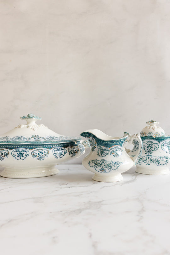 rare johnson brothers aqua regent creamer, sugar bowl, and covered dish set