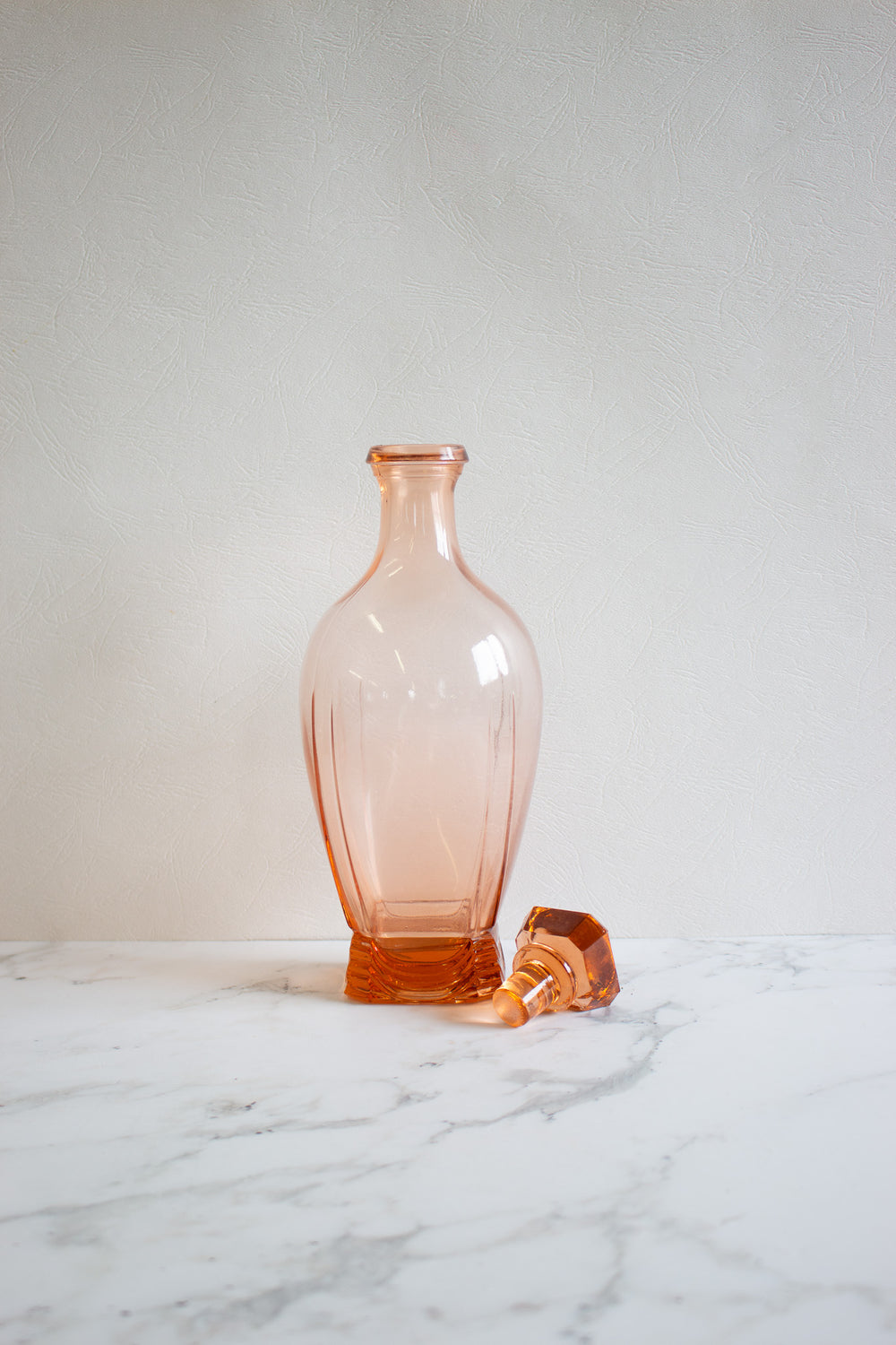 midcentury french pink rosaline glass decanter and gold rimmed glasses