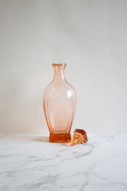 midcentury french pink rosaline glass decanter and gold rimmed glasses