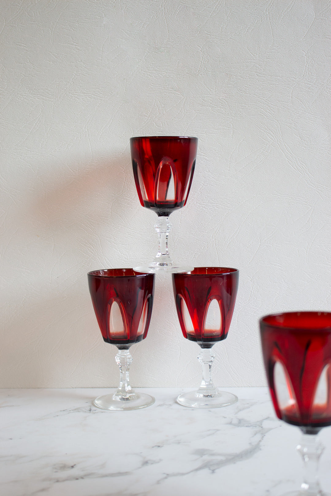 midcentury french ruby red stamped glassware