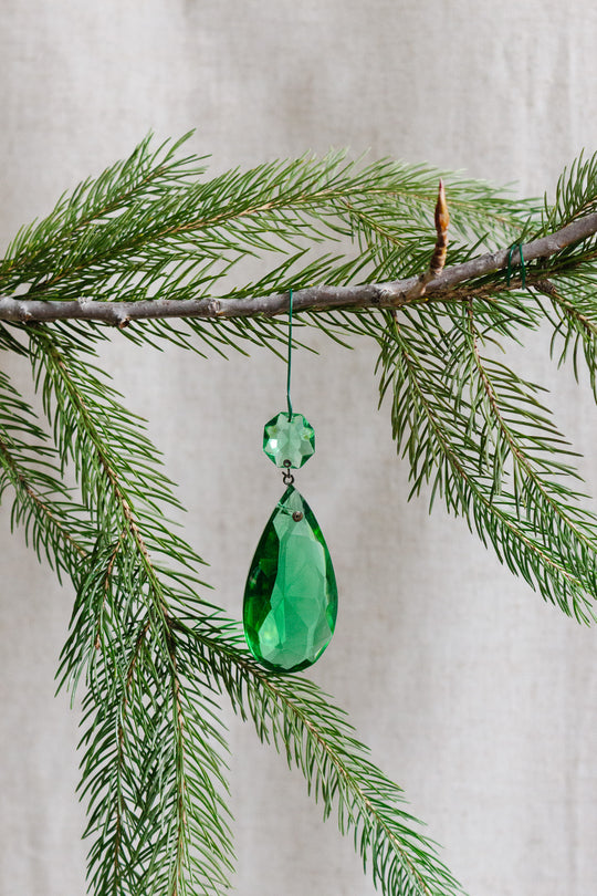 antique french hand cut crystal coloured tear drop pendant, emerald