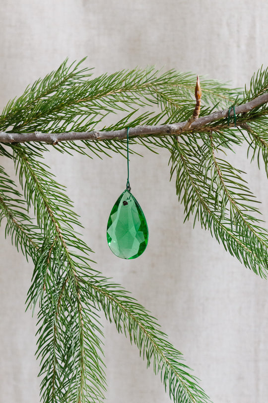 antique french hand cut crystal coloured tear drop pendant, emerald