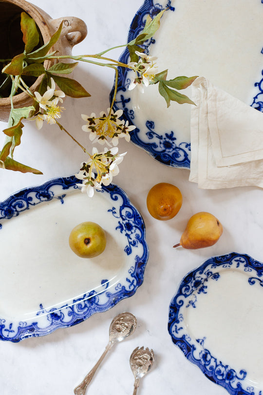 antique English flow blue set of three large platters