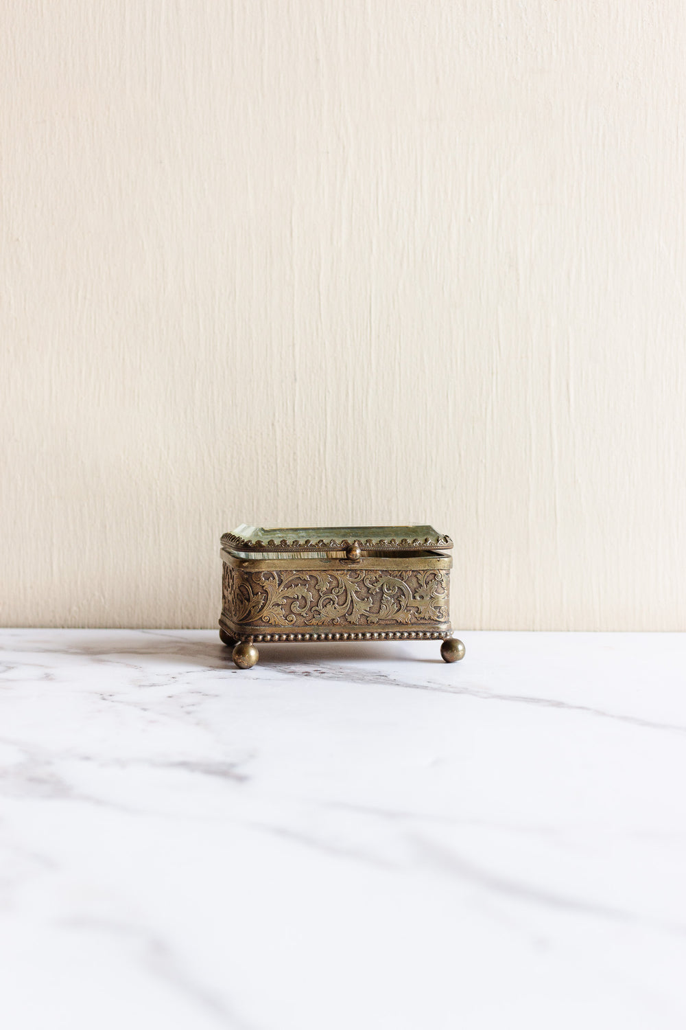 antique French stamped ormolu and beveled glass bijoux casket