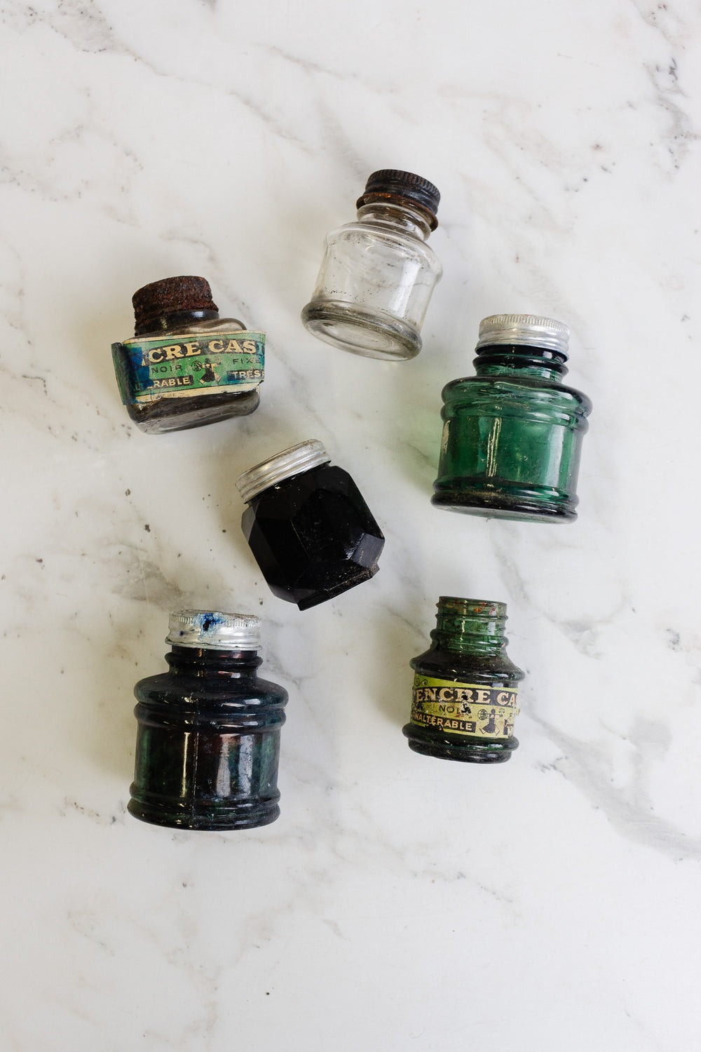 antique french glass ink bottles, set of 6