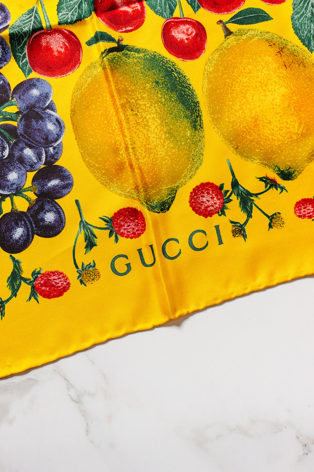 vintage gucci fruit motif silk scarf