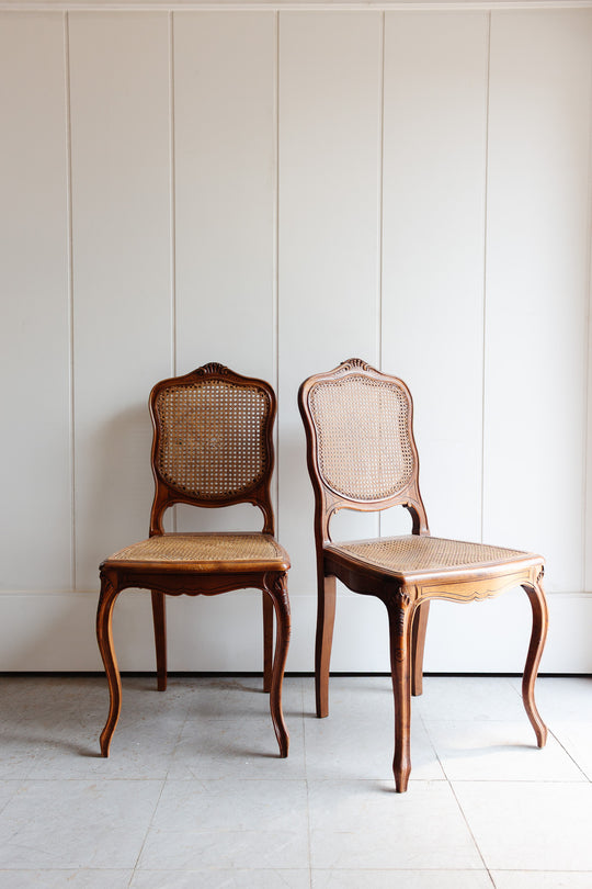 vintage French Louis XV walnut and cane dining chairs, set of 2