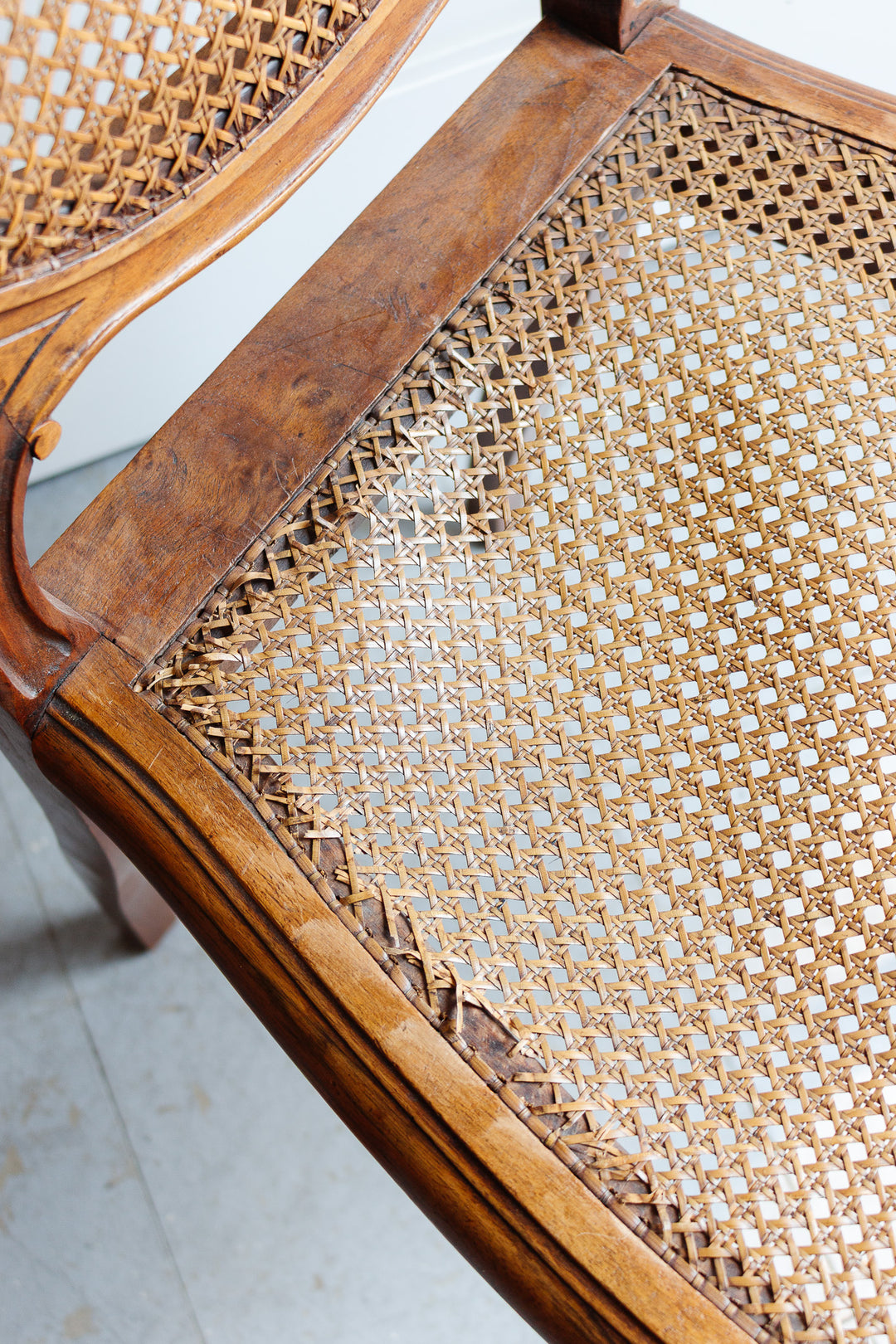 vintage French Louis XV walnut and cane dining chairs, set of 2