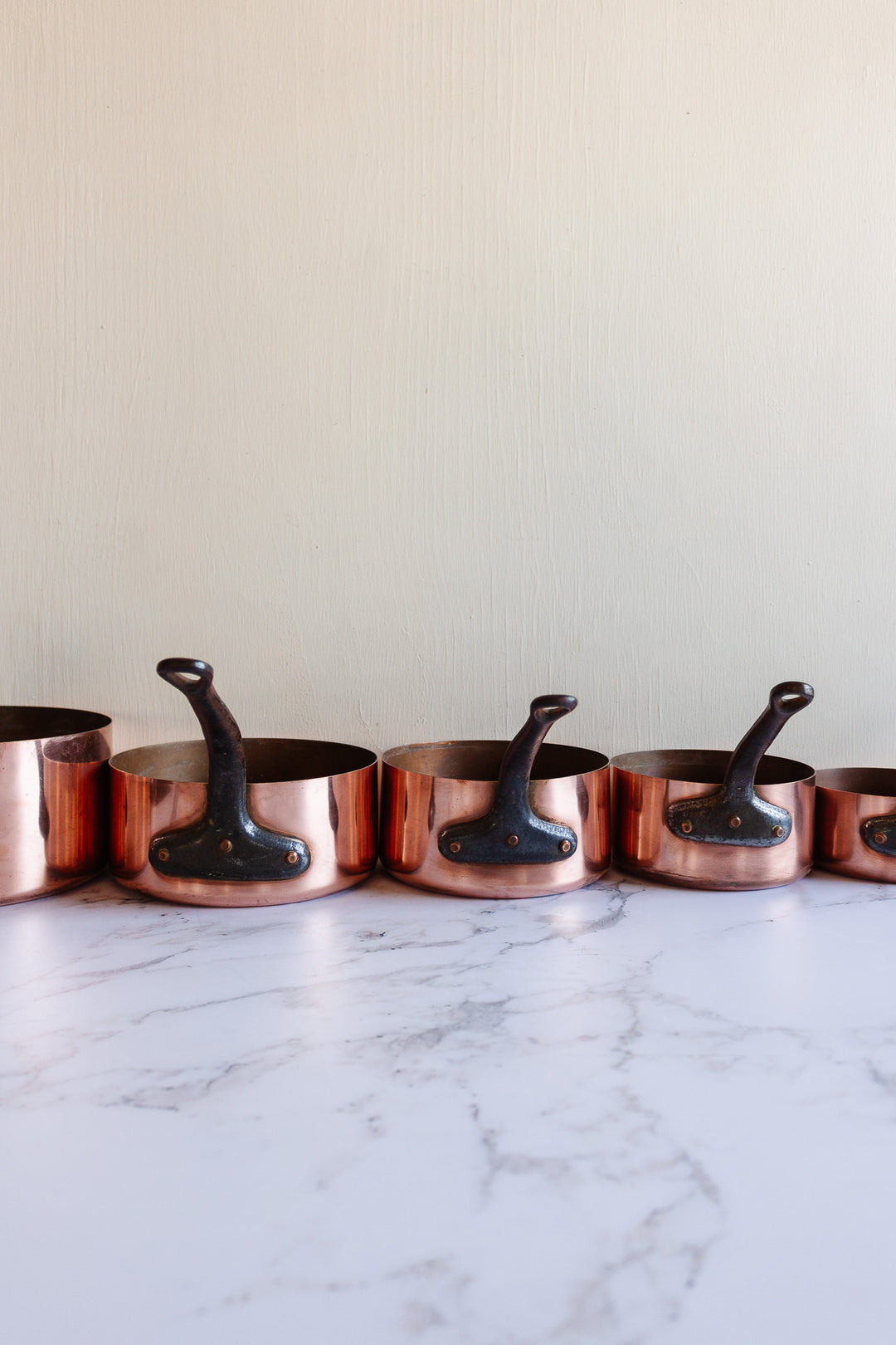 set of 5 vintage french graduated copper pots
