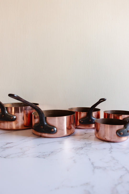 set of 5 vintage french graduated copper pots
