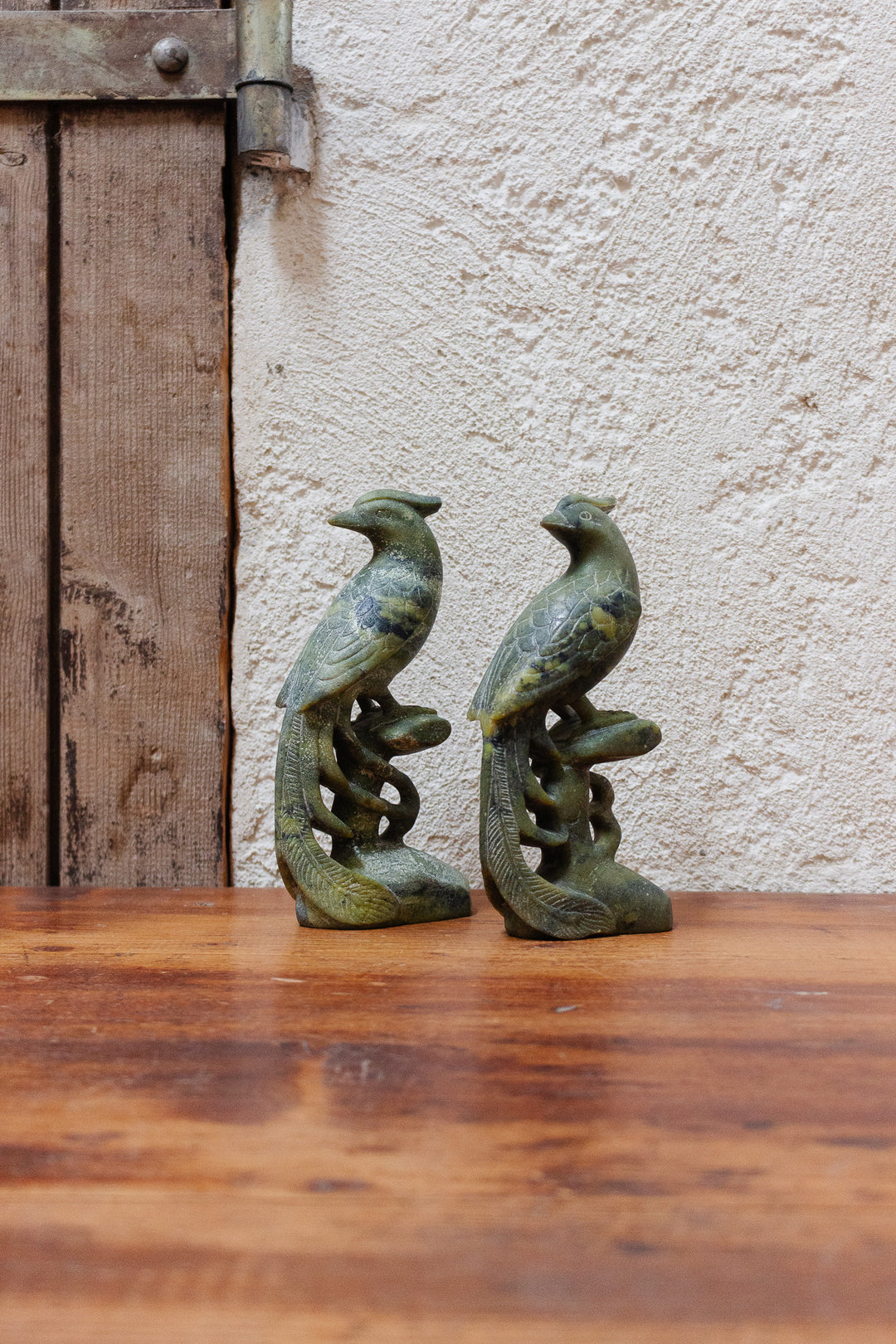 pair of 19th century hand carved chinoiserie soapstone peacocks