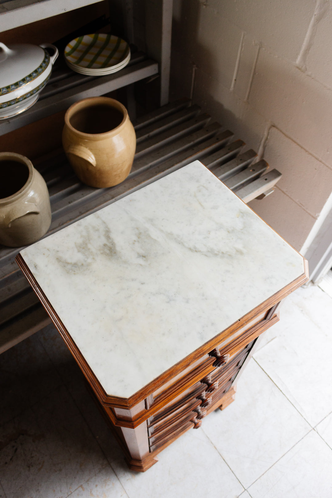 antique french marble topped "trompe l'oeil" night stand
