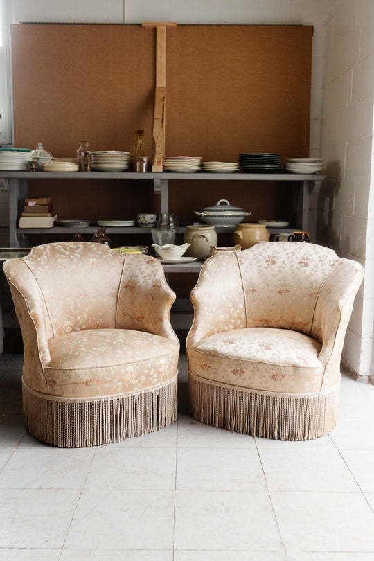 pair of antique french silk crapaud chairs with fringe