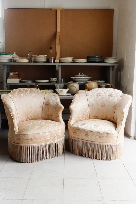 pair of antique french silk crapaud chairs with fringe