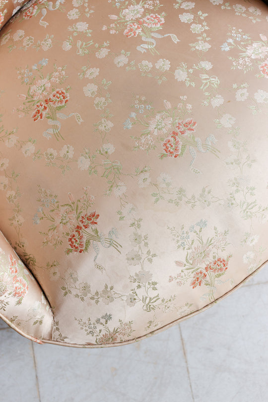 pair of antique french silk crapaud chairs with fringe