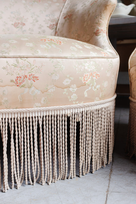 pair of antique french silk crapaud chairs with fringe