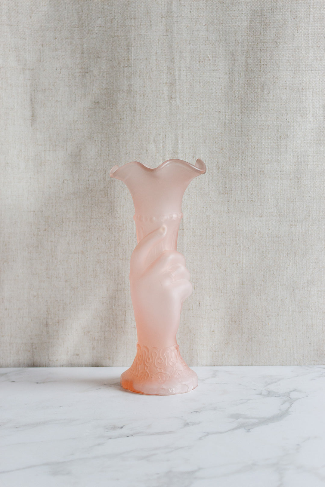 vintage french frosted glass pink hand and torch vase