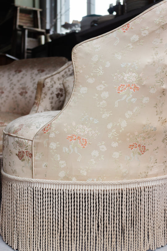 pair of antique french silk crapaud chairs with fringe