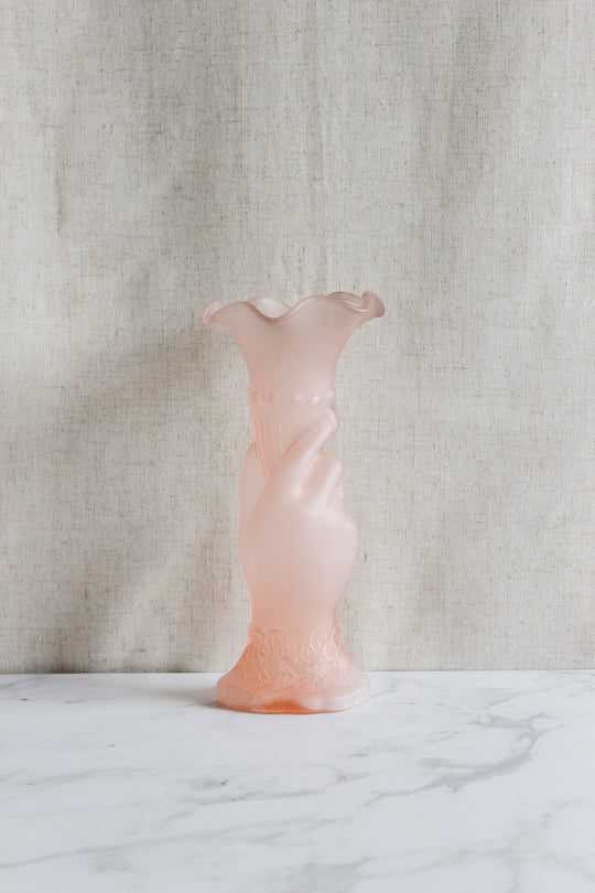 vintage french frosted glass pink hand and torch vase