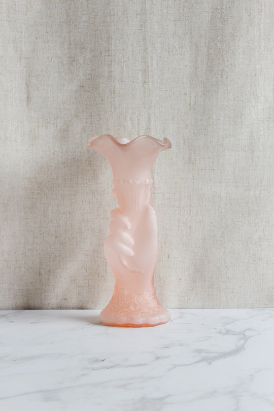 vintage french frosted glass pink hand and torch vase