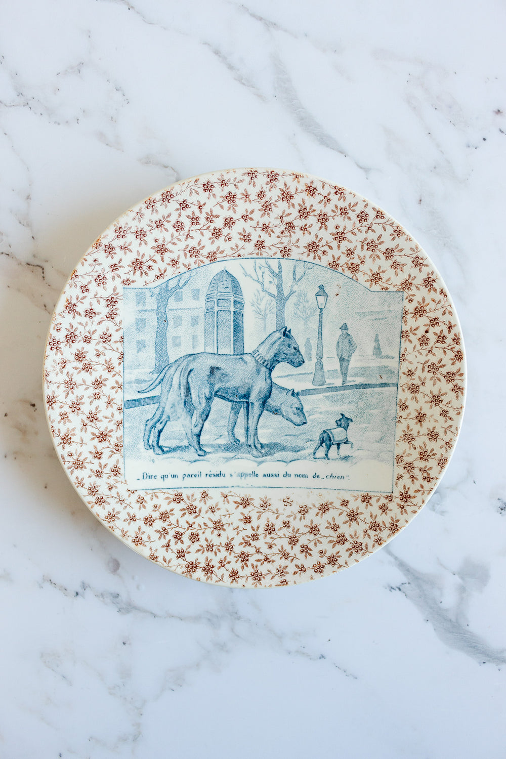 rare 19th century French Sarreguemines ironstone “chien” talking plate