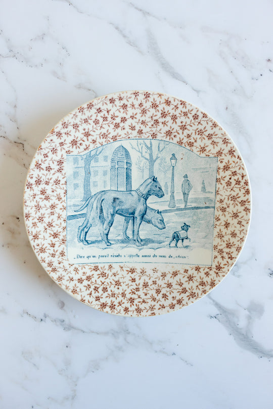 rare 19th century French Sarreguemines ironstone “chien” talking plate
