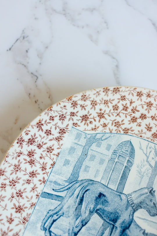 rare 19th century French Sarreguemines ironstone “chien” talking plate