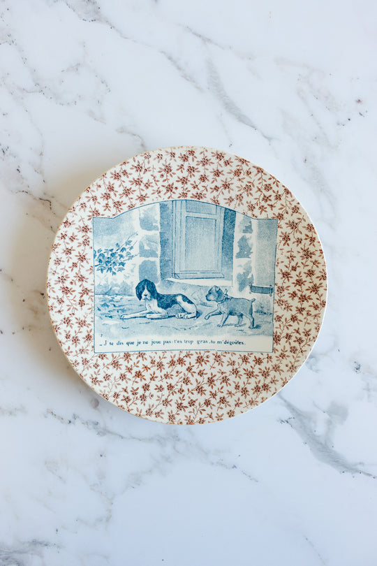 rare 19th century French Sarreguemines ironstone “chien” talking plate