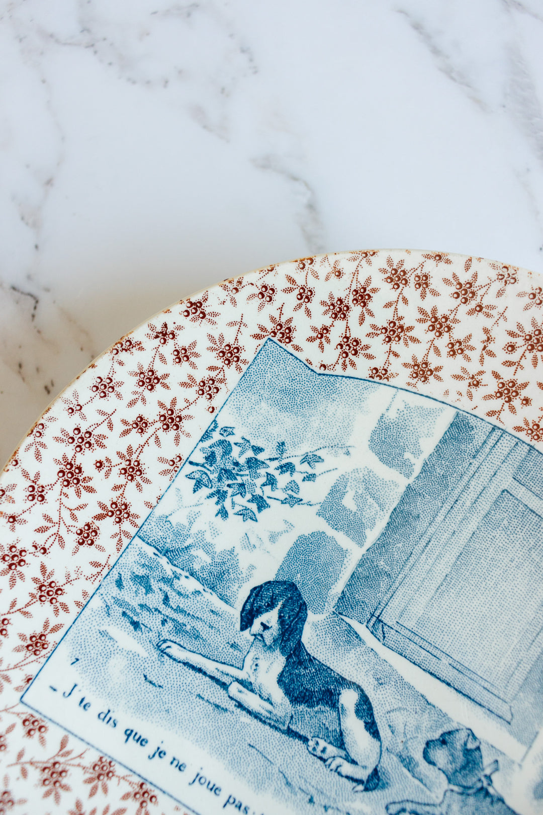 rare 19th century French Sarreguemines ironstone “chien” talking plate