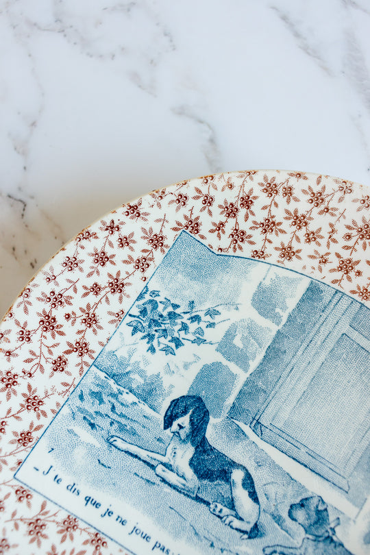 rare 19th century French Sarreguemines ironstone “chien” talking plate