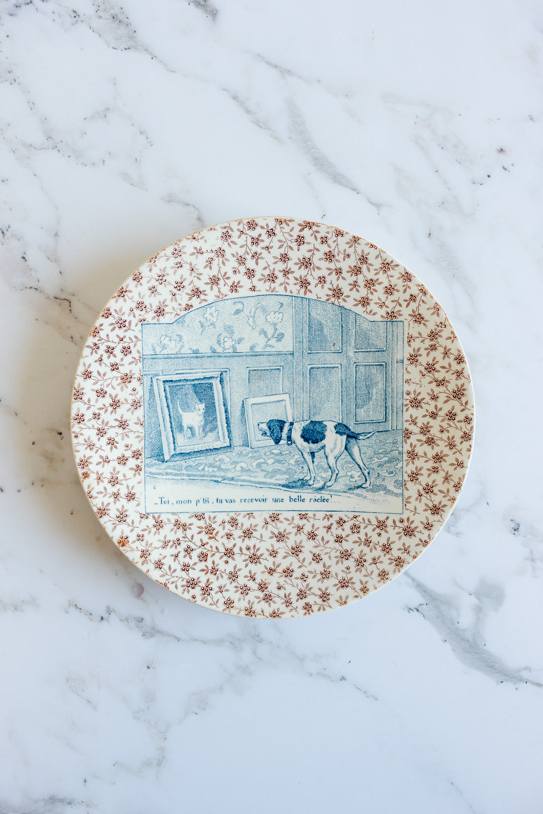 rare 19th century French Sarreguemines ironstone “chien” talking plate