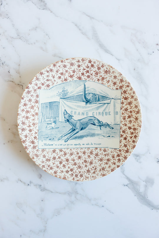 rare 19th century French Sarreguemines ironstone “chien” talking plate