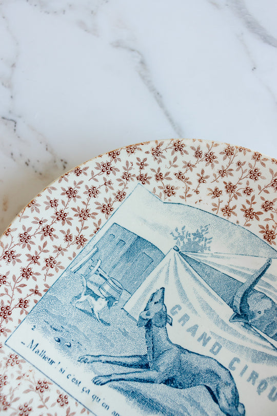 rare 19th century French Sarreguemines ironstone “chien” talking plate