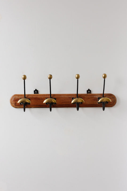 vintage french cast iron, brass, and wood portemanteau