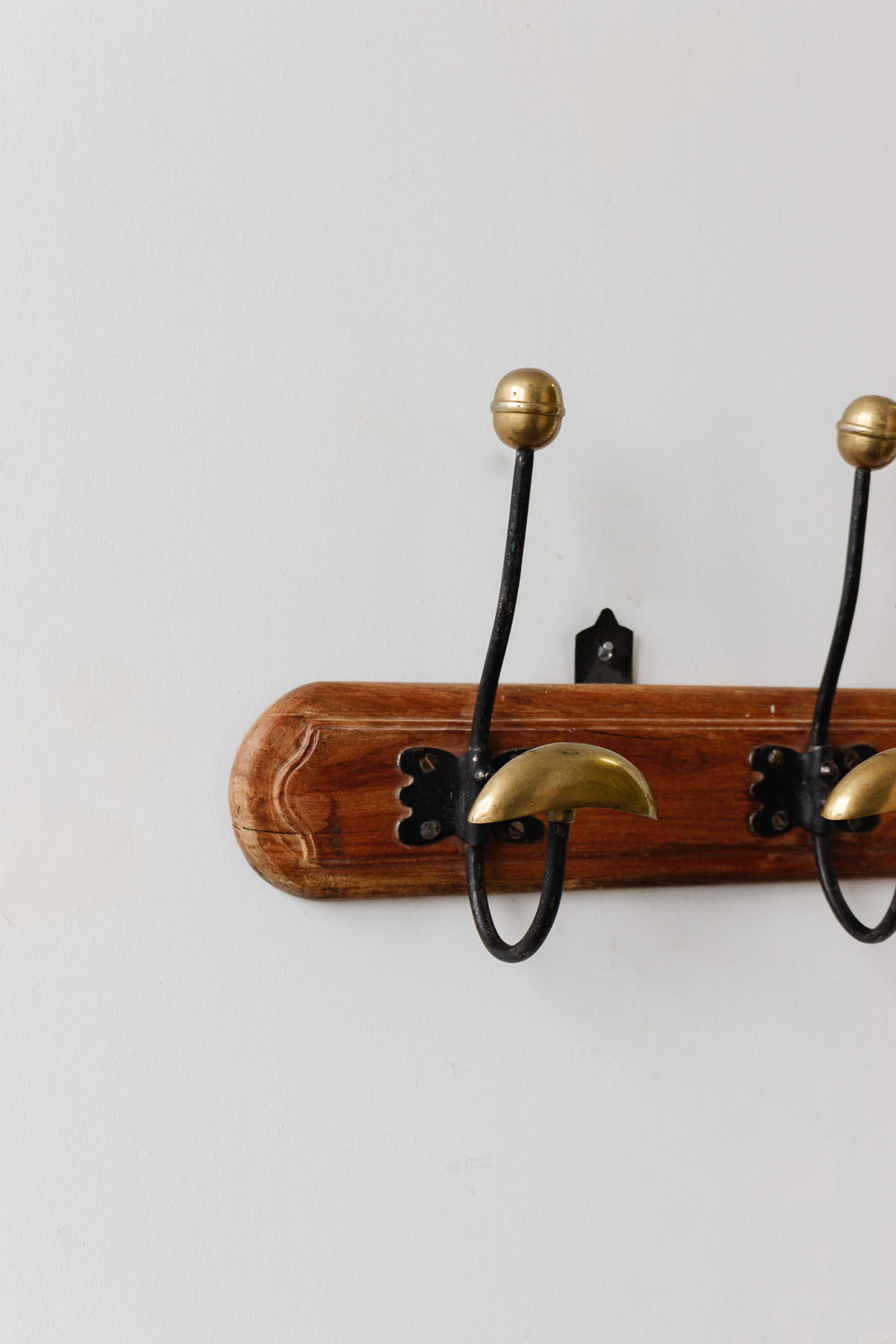 vintage french cast iron, brass, and wood portemanteau