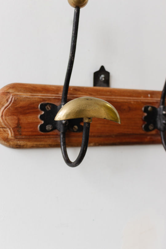 vintage french cast iron, brass, and wood portemanteau