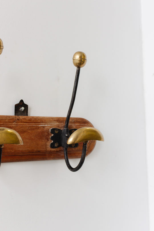 vintage french cast iron, brass, and wood portemanteau