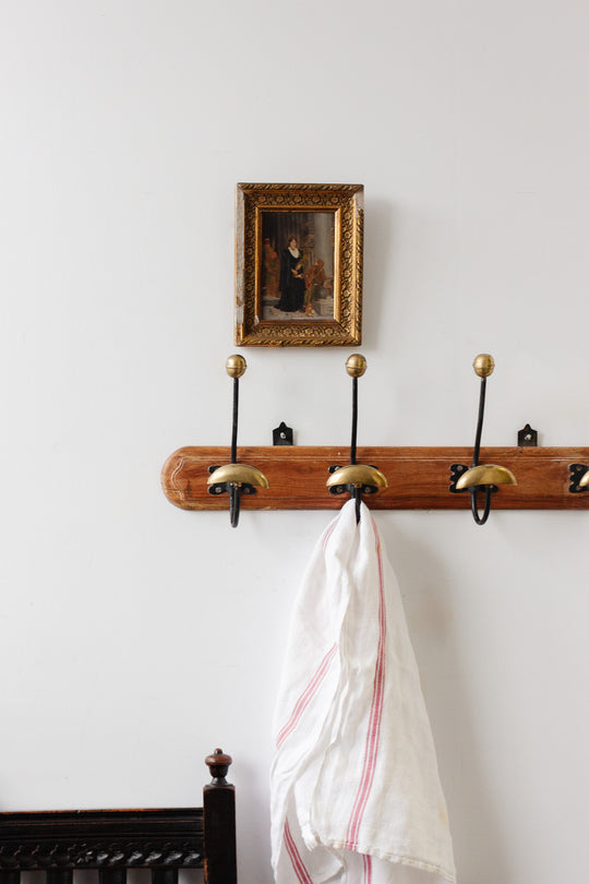 vintage french cast iron, brass, and wood portemanteau