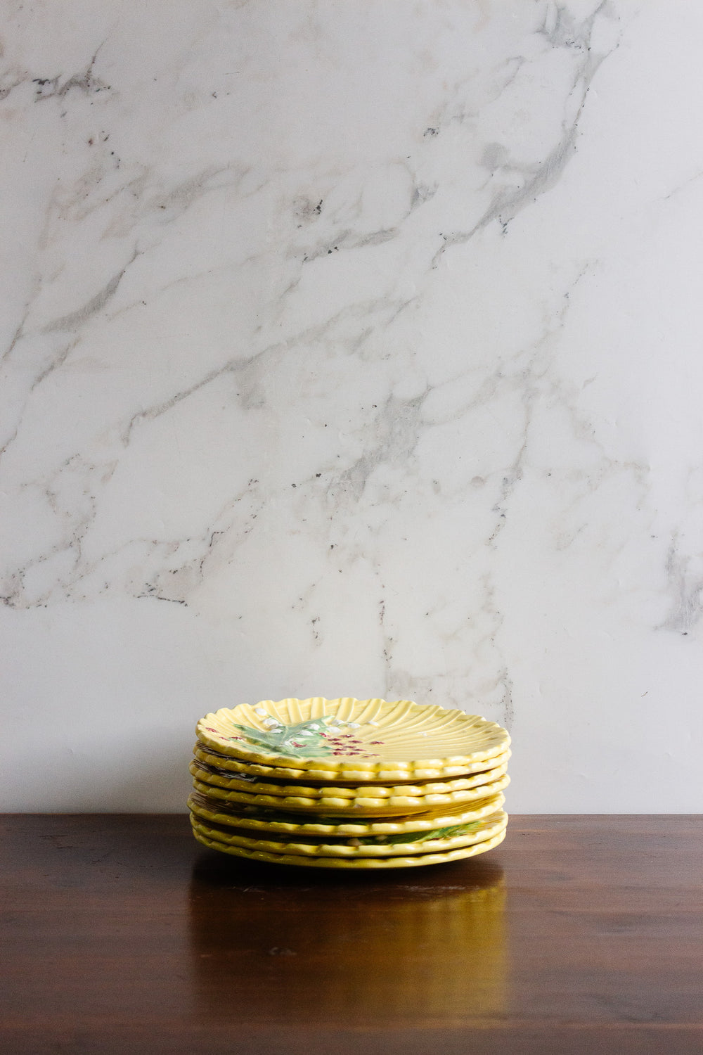 1950s schramberg majolica dessert plates, set of 6 (+1 spare)