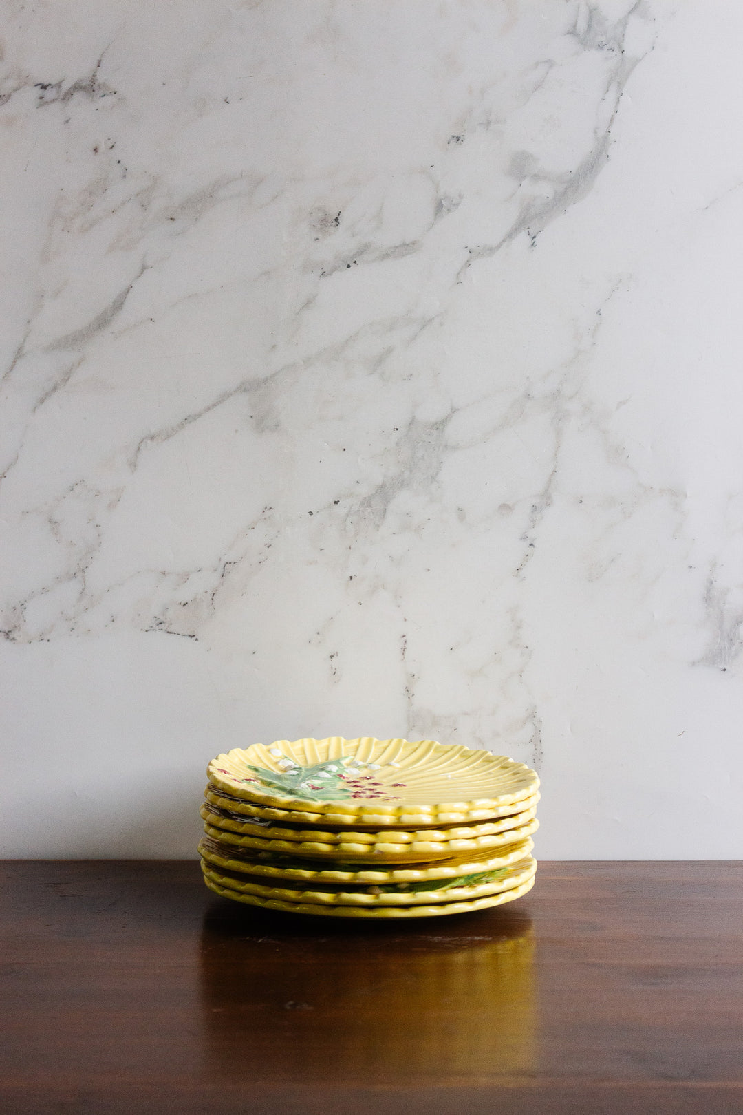 1950s schramberg majolica dessert plates, set of 6 (+1 spare)