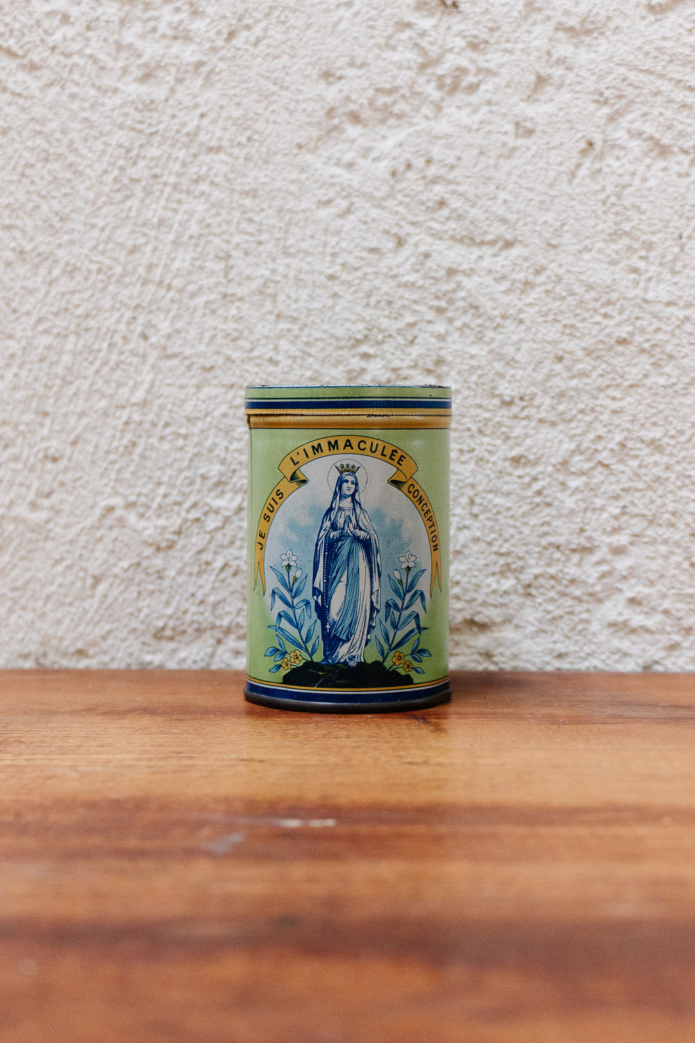 antique french "souvenir de Lourdes" glass cup in tin case