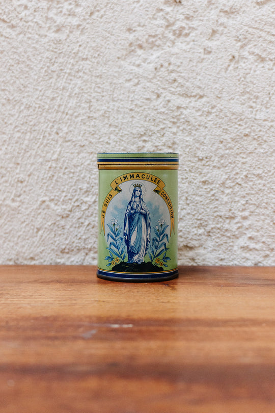 antique french "souvenir de Lourdes" glass cup in tin case