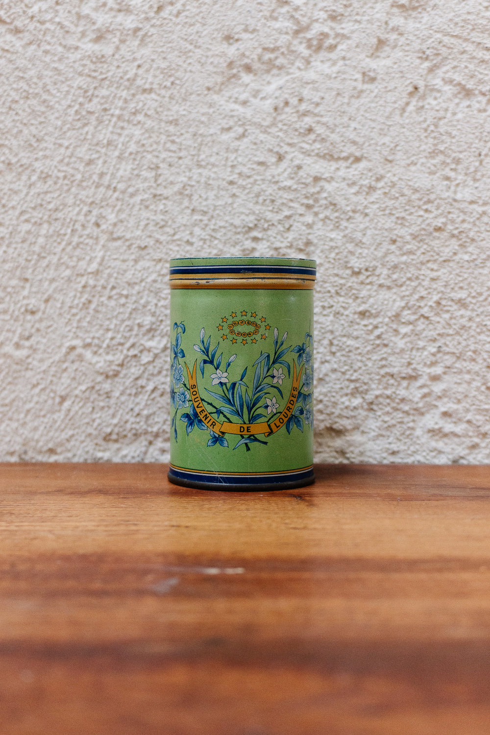 antique french "souvenir de Lourdes" glass cup in tin case