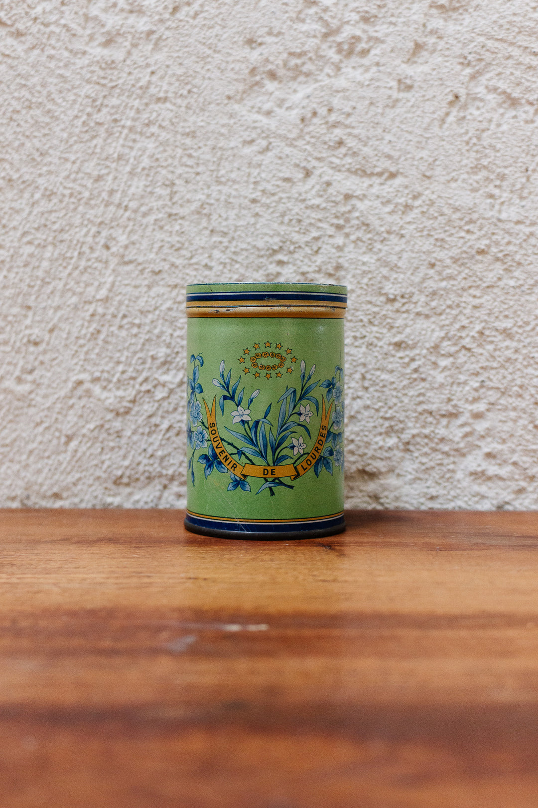 antique french "souvenir de Lourdes" glass cup in tin case