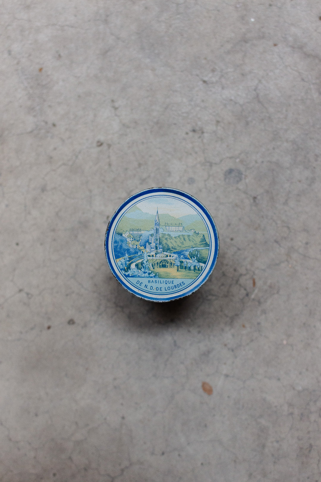 antique french "souvenir de Lourdes" glass cup in tin case