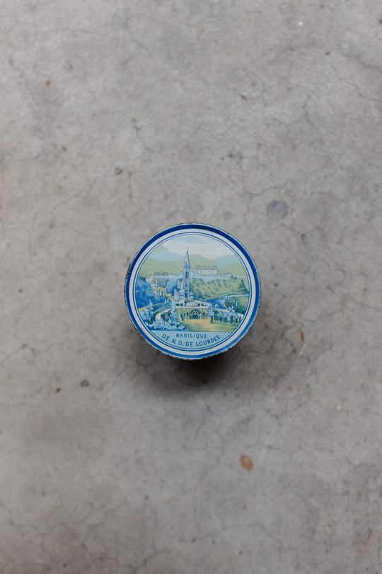 antique french "souvenir de Lourdes" glass cup in tin case