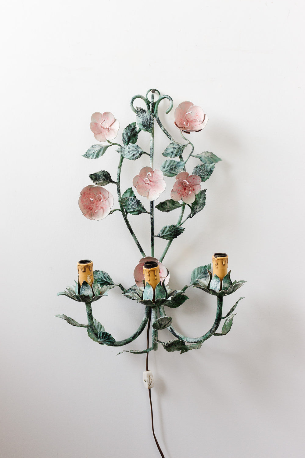 large vintage italian tole wall sconce with roses